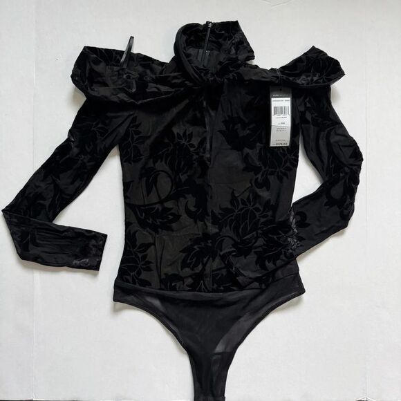 BCBGMaxAzria Velvet Black Burnout Floral Bodysuit Size XX-Small/X-Small NWT - Picture 3 of 6